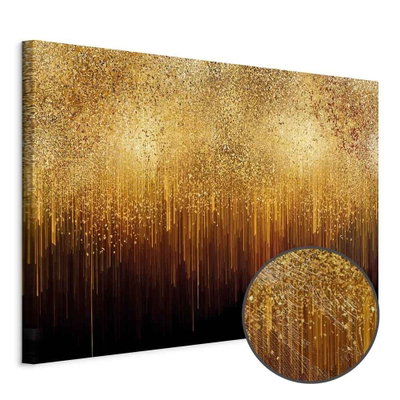 Schuin productaanzicht van Golden expansion wide. Het motief loopt door over de randen van het canvas. Een ronde detailopname toont het reliëf van het geloppervlak.