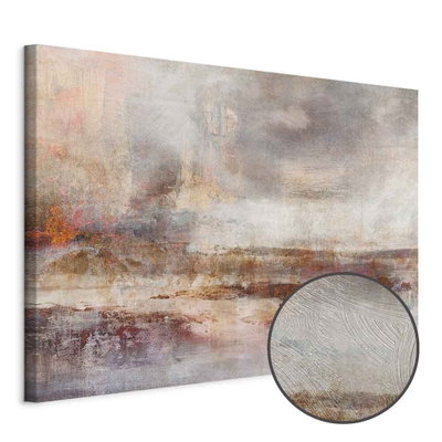 Schuin productaanzicht van Transience wide. Het motief loopt door over de randen van het canvas. Een ronde detailopname toont het reliëf van het geloppervlak.