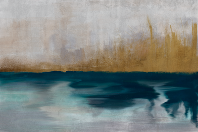 Vooraanzicht van Golden grasses wide. De volledige gedrukte compositie is te zien zonder het schuine productaanzicht of de detailopname van het geloppervlak.
