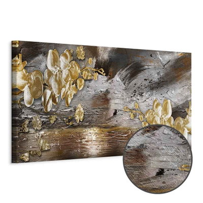 Schuin productaanzicht van Golden garden narrow. Het motief loopt door over de randen van het canvas. Een ronde detailopname toont het reliëf van het geloppervlak.
