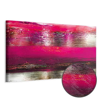 Schuin productaanzicht van Ocean of life - third. Het motief loopt door over de randen van het canvas. Een ronde detailopname toont het reliëf van het geloppervlak.