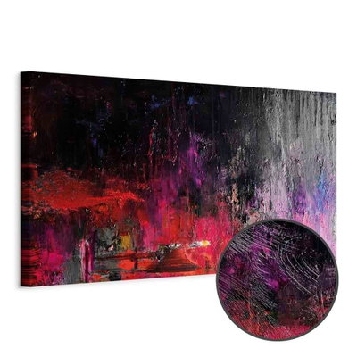 Schuin productaanzicht van Hot august narrow. Het motief loopt door over de randen van het canvas. Een ronde detailopname toont het reliëf van het geloppervlak.