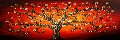 Vooraanzicht van Fiery tree narrow. De volledige gedrukte compositie is te zien zonder het schuine productaanzicht of de detailopname van het geloppervlak.