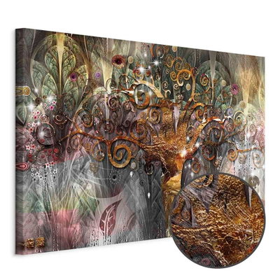 Schuin productaanzicht van Gold tree. Het motief loopt door over de randen van het canvas. Een ronde detailopname toont het reliëf van het geloppervlak.