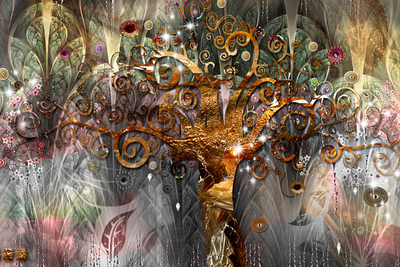 Vooraanzicht van Gold tree. De volledige gedrukte compositie is te zien zonder het schuine productaanzicht of de detailopname van het geloppervlak.