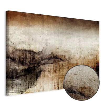 Schuin productaanzicht van Damp colors wide. Het motief loopt door over de randen van het canvas. Een ronde detailopname toont het reliëf van het geloppervlak.