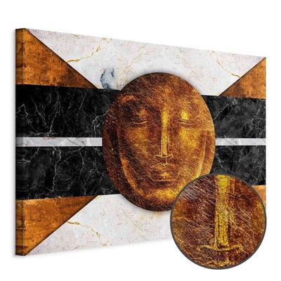 Schuin productaanzicht van Look into the past wide. Het motief loopt door over de randen van het canvas. Een ronde detailopname toont het reliëf van het geloppervlak.