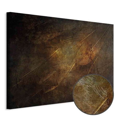 Schuin productaanzicht van Icarus wings wide. Het motief loopt door over de randen van het canvas. Een ronde detailopname toont het reliëf van het geloppervlak.