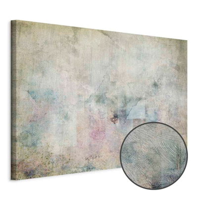 Schuin productaanzicht van Mystical apparition. Het motief loopt door over de randen van het canvas. Een ronde detailopname toont het reliëf van het geloppervlak.