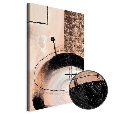 Schuin productaanzicht van Art of shapes - hand-painted. Het motief loopt door over de randen van het canvas. Een ronde detailopname toont het reliëf van het geloppervlak.