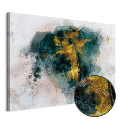 Schuin productaanzicht van Golden hour wide. Het motief loopt door over de randen van het canvas. Een ronde detailopname toont het reliëf van het geloppervlak.