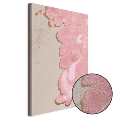 Schuin productaanzicht van Pastel tide. Het motief loopt door over de randen van het canvas. Een ronde detailopname toont het reliëf van het geloppervlak.