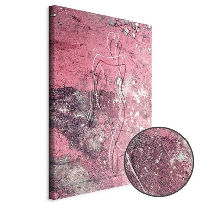 Schuin productaanzicht van Figure on pink background -. Het motief loopt door over de randen van het canvas. Een ronde detailopname toont het reliëf van het geloppervlak.