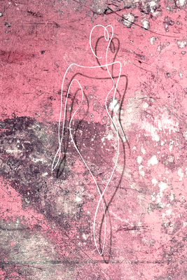 Vooraanzicht van Figure on pink background -. De volledige gedrukte compositie is te zien zonder het schuine productaanzicht of de detailopname van het geloppervlak.