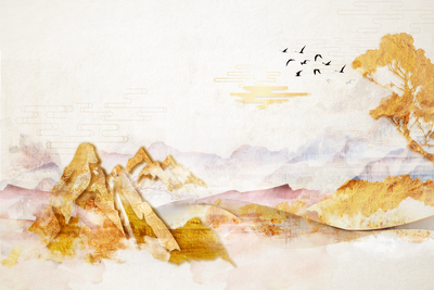 Vooraanzicht van Golden mountains wide. De volledige gedrukte compositie is te zien zonder het schuine productaanzicht of de detailopname van het geloppervlak.