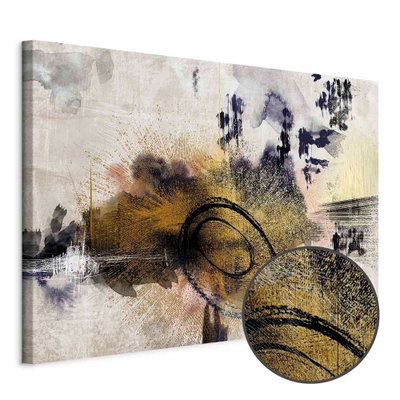 Schuin productaanzicht van Morning on the river wide. Het motief loopt door over de randen van het canvas. Een ronde detailopname toont het reliëf van het geloppervlak.