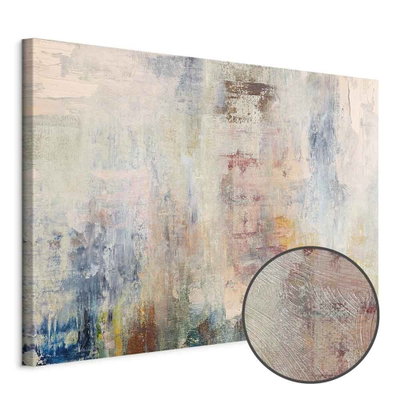 Schuin productaanzicht van Nebula of thoughts wide. Het motief loopt door over de randen van het canvas. Een ronde detailopname toont het reliëf van het geloppervlak.