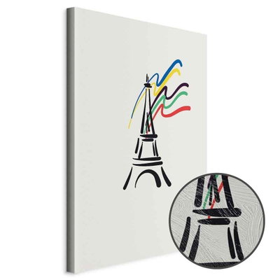 Schuin productaanzicht van Eiffel tower and colorful. Het motief loopt door over de randen van het canvas. Een ronde detailopname toont het reliëf van het geloppervlak.
