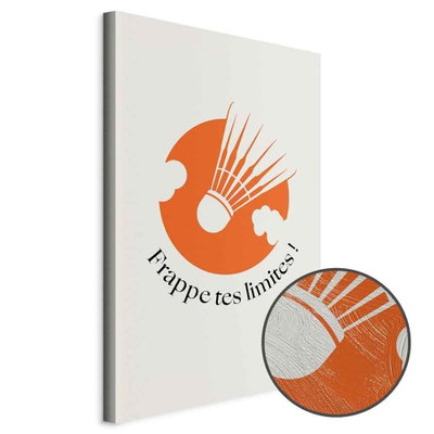 Schuin productaanzicht van Badminton shuttlecock on an. Het motief loopt door over de randen van het canvas. Een ronde detailopname toont het reliëf van het geloppervlak.