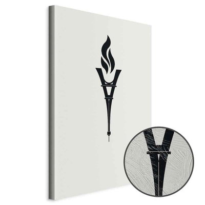 Schuin productaanzicht van Torch shaped like an. Het motief loopt door over de randen van het canvas. Een ronde detailopname toont het reliëf van het geloppervlak.
