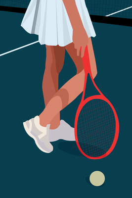 Vooraanzicht van Female tennis player with a. De volledige gedrukte compositie is te zien zonder het schuine productaanzicht of de detailopname van het geloppervlak.