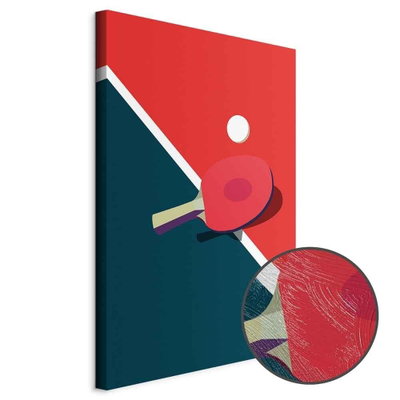 Schuin productaanzicht van Table tennis - racket and. Het motief loopt door over de randen van het canvas. Een ronde detailopname toont het reliëf van het geloppervlak.