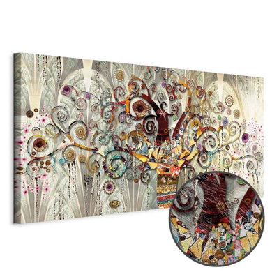 Schuin productaanzicht van Tree of life narrow. Het motief loopt door over de randen van het canvas. Een ronde detailopname toont het reliëf van het geloppervlak.