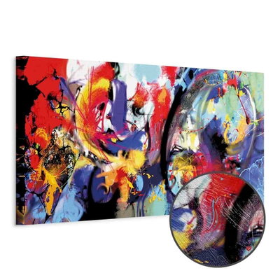Schuin productaanzicht van Colourful immersion. Het motief loopt door over de randen van het canvas. Een ronde detailopname toont het reliëf van het geloppervlak.