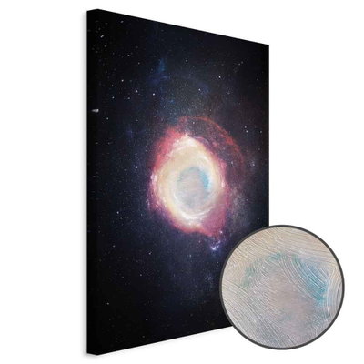 Schuin productaanzicht van Galactic explosion. Het motief loopt door over de randen van het canvas. Een ronde detailopname toont het reliëf van het geloppervlak.