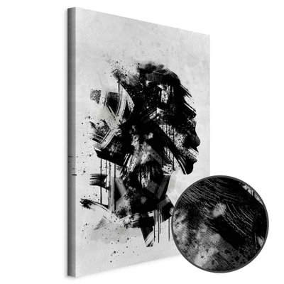 Schuin productaanzicht van Classic profile. Het motief loopt door over de randen van het canvas. Een ronde detailopname toont het reliëf van het geloppervlak.