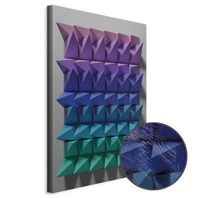 Schuin productaanzicht van Uniform motion. Het motief loopt door over de randen van het canvas. Een ronde detailopname toont het reliëf van het geloppervlak.