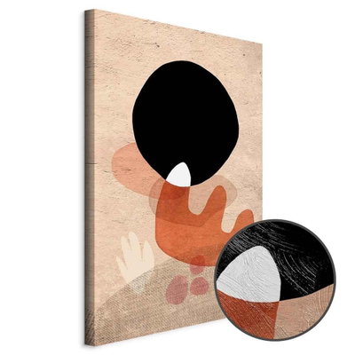 Schuin productaanzicht van Black stone. Het motief loopt door over de randen van het canvas. Een ronde detailopname toont het reliëf van het geloppervlak.