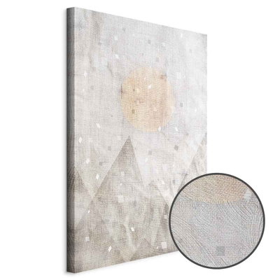 Schuin productaanzicht van May snow. Het motief loopt door over de randen van het canvas. Een ronde detailopname toont het reliëf van het geloppervlak.