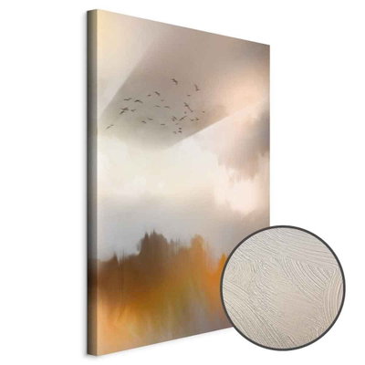 Schuin productaanzicht van Nostalgia. Het motief loopt door over de randen van het canvas. Een ronde detailopname toont het reliëf van het geloppervlak.