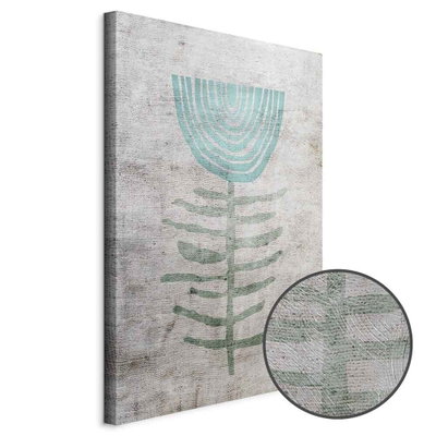 Schuin productaanzicht van Blue lily. Het motief loopt door over de randen van het canvas. Een ronde detailopname toont het reliëf van het geloppervlak.