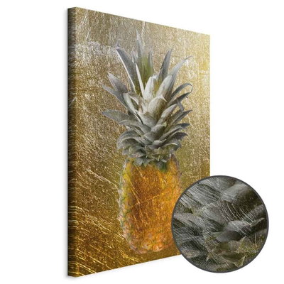 Schuin productaanzicht van Forbidden fruit. Het motief loopt door over de randen van het canvas. Een ronde detailopname toont het reliëf van het geloppervlak.