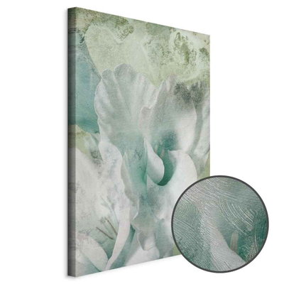 Schuin productaanzicht van Mint fog. Het motief loopt door over de randen van het canvas. Een ronde detailopname toont het reliëf van het geloppervlak.