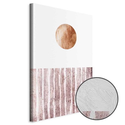 Schuin productaanzicht van Harmony and rhythm. Het motief loopt door over de randen van het canvas. Een ronde detailopname toont het reliëf van het geloppervlak.