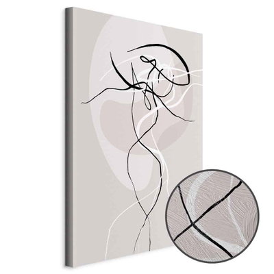 Schuin productaanzicht van Beige energy. Het motief loopt door over de randen van het canvas. Een ronde detailopname toont het reliëf van het geloppervlak.