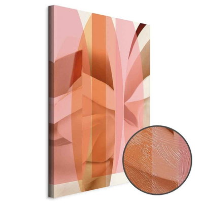 Schuin productaanzicht van Floral kaleidoscope. Het motief loopt door over de randen van het canvas. Een ronde detailopname toont het reliëf van het geloppervlak.