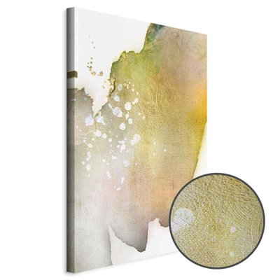 Schuin productaanzicht van Golden touch. Het motief loopt door over de randen van het canvas. Een ronde detailopname toont het reliëf van het geloppervlak.