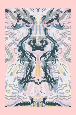 Vooraanzicht van Rorschacha mantra. De volledige gedrukte compositie is te zien zonder het schuine productaanzicht of de detailopname van het geloppervlak.
