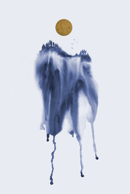 Vooraanzicht van Forest in watercolors - blue. De volledige gedrukte compositie is te zien zonder het schuine productaanzicht of de detailopname van het geloppervlak.