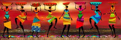 Vooraanzicht van African women dancing. De volledige gedrukte compositie is te zien zonder het schuine productaanzicht of de detailopname van het geloppervlak.