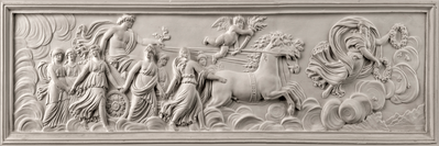 Vooraanzicht van Relief apollo and muses. De volledige gedrukte compositie is te zien zonder het schuine productaanzicht of de detailopname van het geloppervlak.