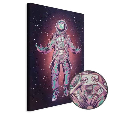 Schuin productaanzicht van Lonely traveler. Het motief loopt door over de randen van het canvas. Een ronde detailopname toont het reliëf van het geloppervlak.