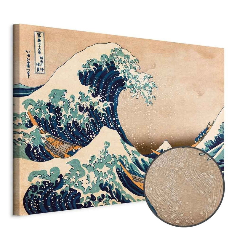 Produktvy av The great wave off kanagawa. En rund detaljförstoring visar den strukturerade gelytan.
