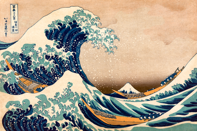 Vooraanzicht van The great wave off kanagawa. De volledige gedrukte compositie is te zien zonder het schuine productaanzicht of de detailopname van het geloppervlak.
