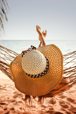 Vooraanzicht van Hammock on the beach. De volledige gedrukte compositie is te zien zonder het schuine productaanzicht of de detailopname van het geloppervlak.
