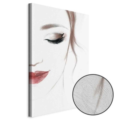 Schuin productaanzicht van Delicate beauty. Het motief loopt door over de randen van het canvas. Een ronde detailopname toont het reliëf van het geloppervlak.